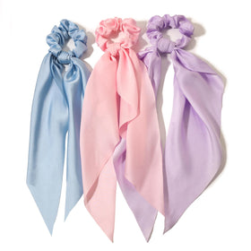 LFOUVRE Hair Scarf Scrunchies in blue, lilac, and pink front view