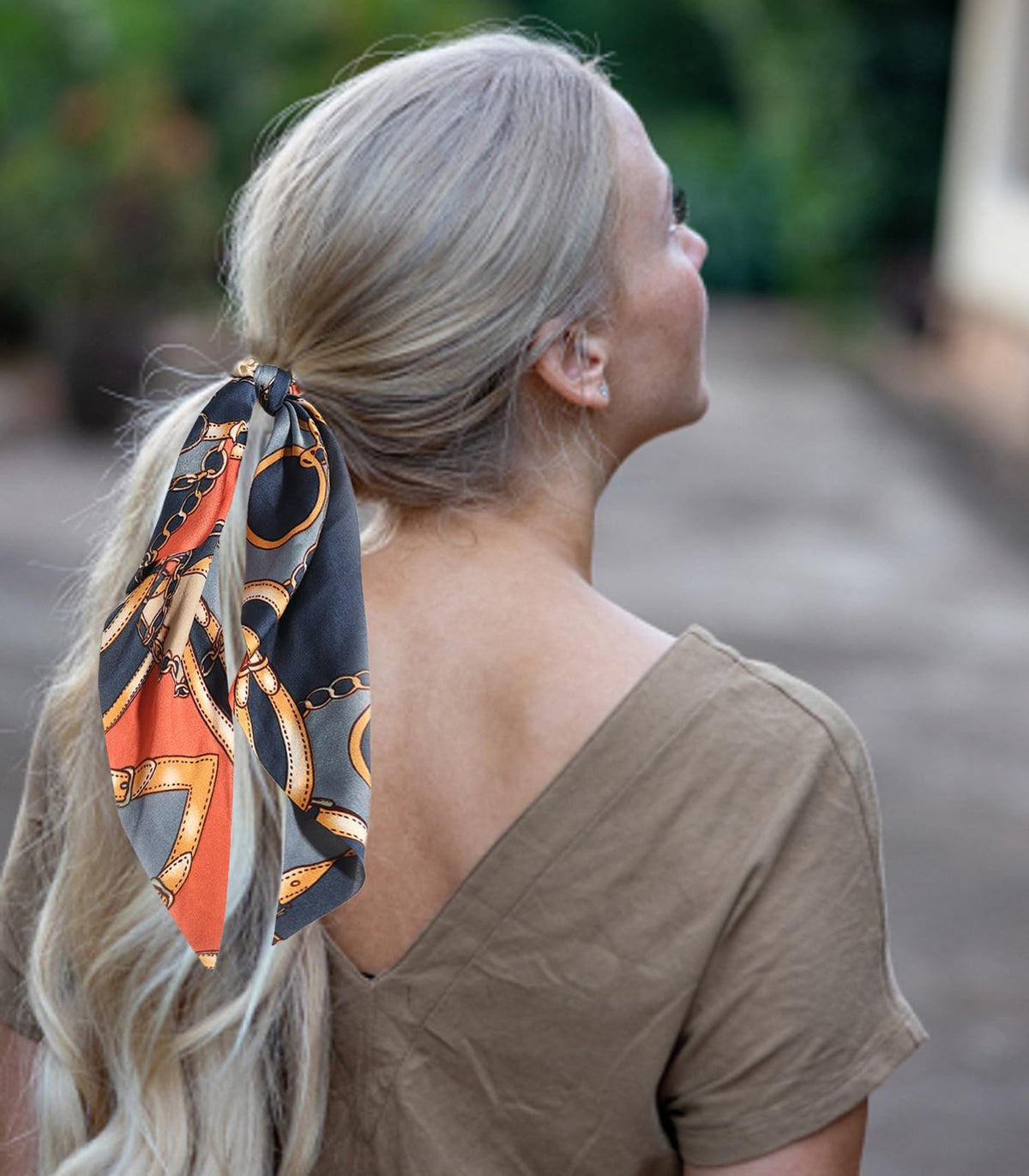 LFOUVRE long tail hair scarf tied around a ponytail