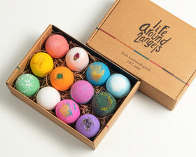 Lifearound2angels bath bombs arranged in a gift basket