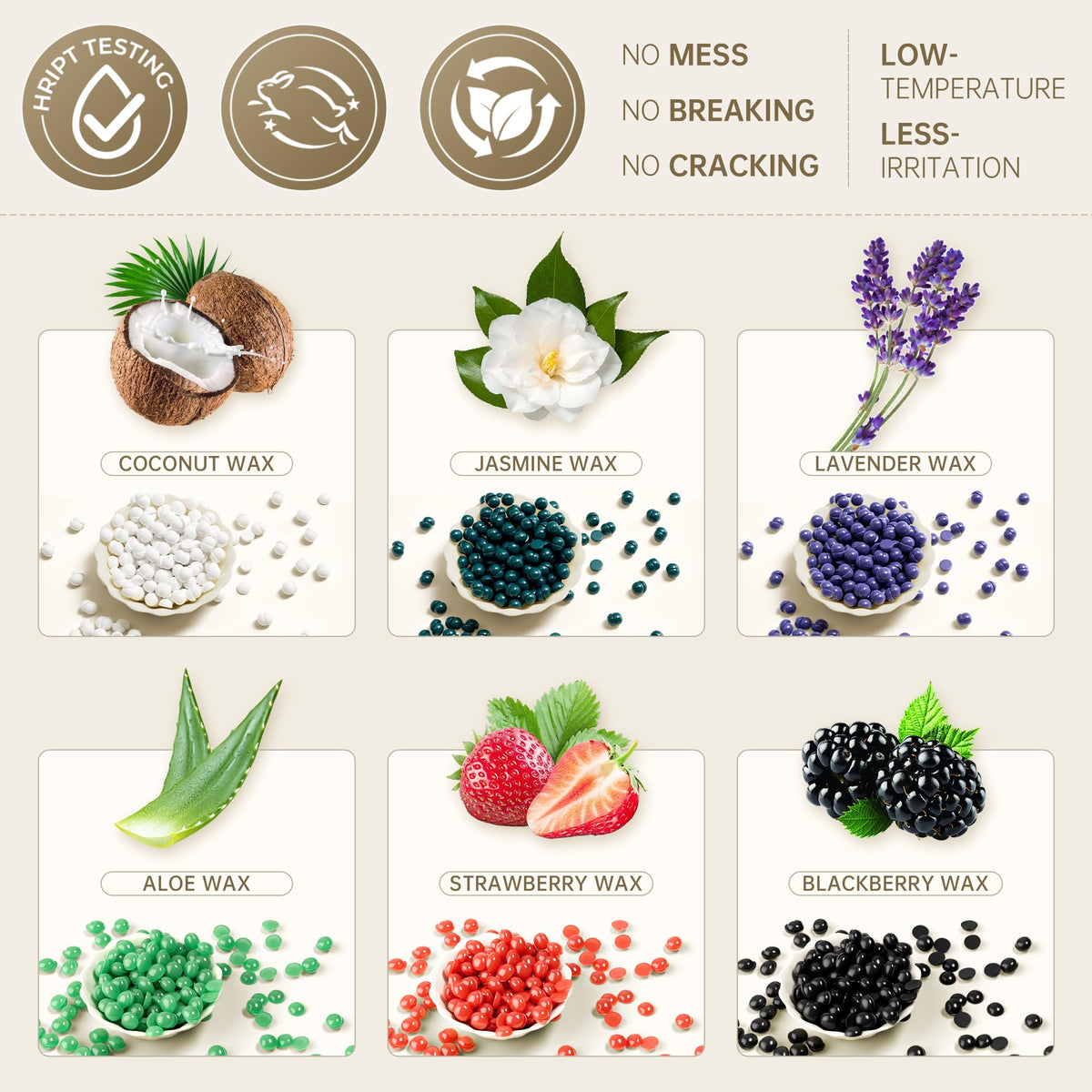 Lifestance wax beads in various scents including jasmine and strawberry