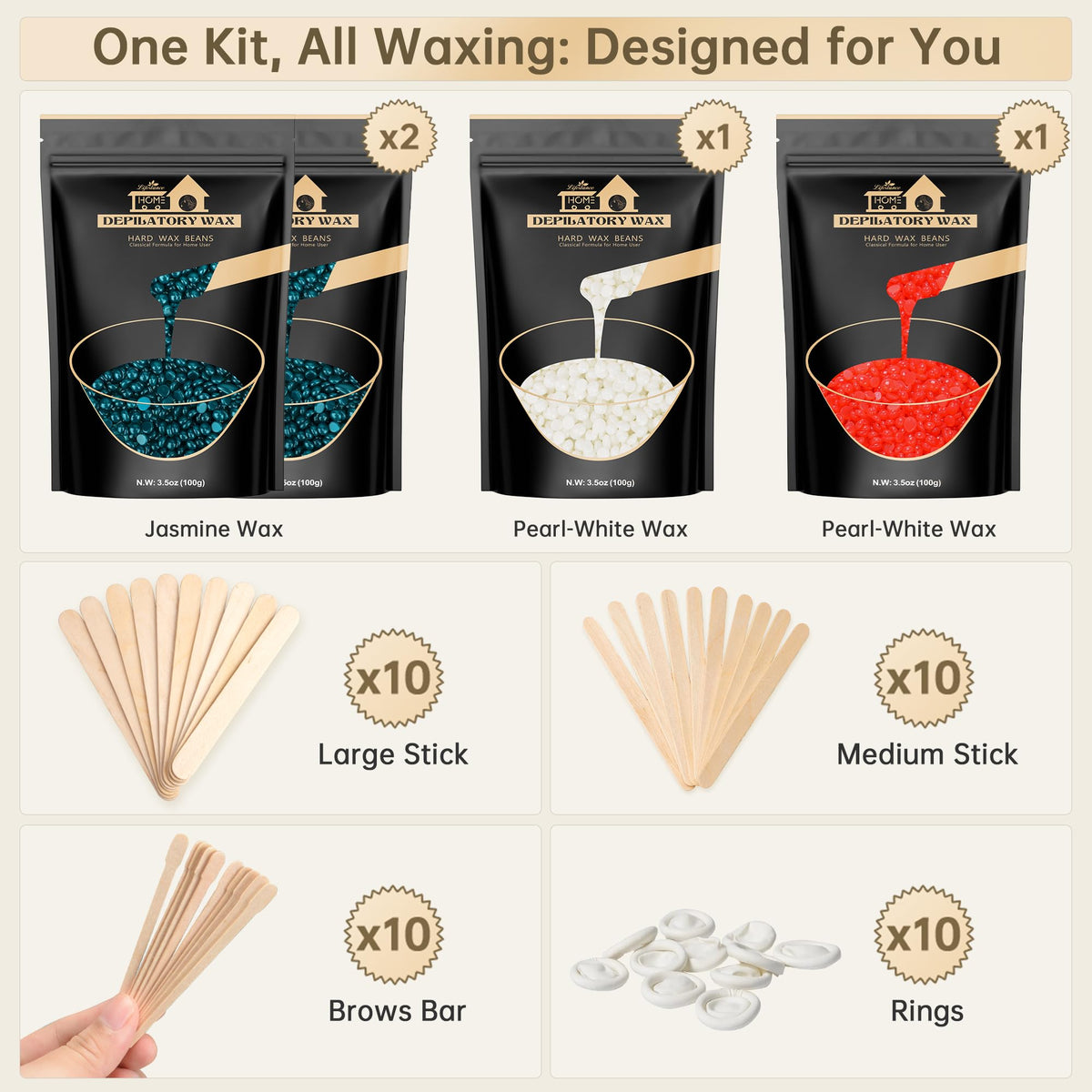 Lifestance wax beads set displayed on a bathroom counter