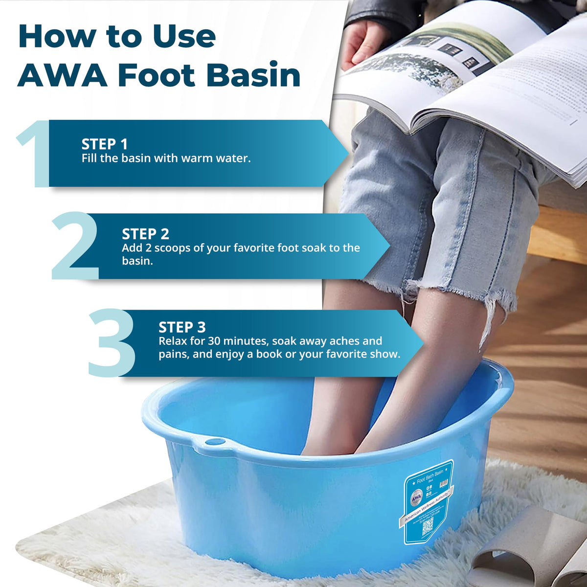 Lifestyle image of a person relaxing with feet in the soaking tub