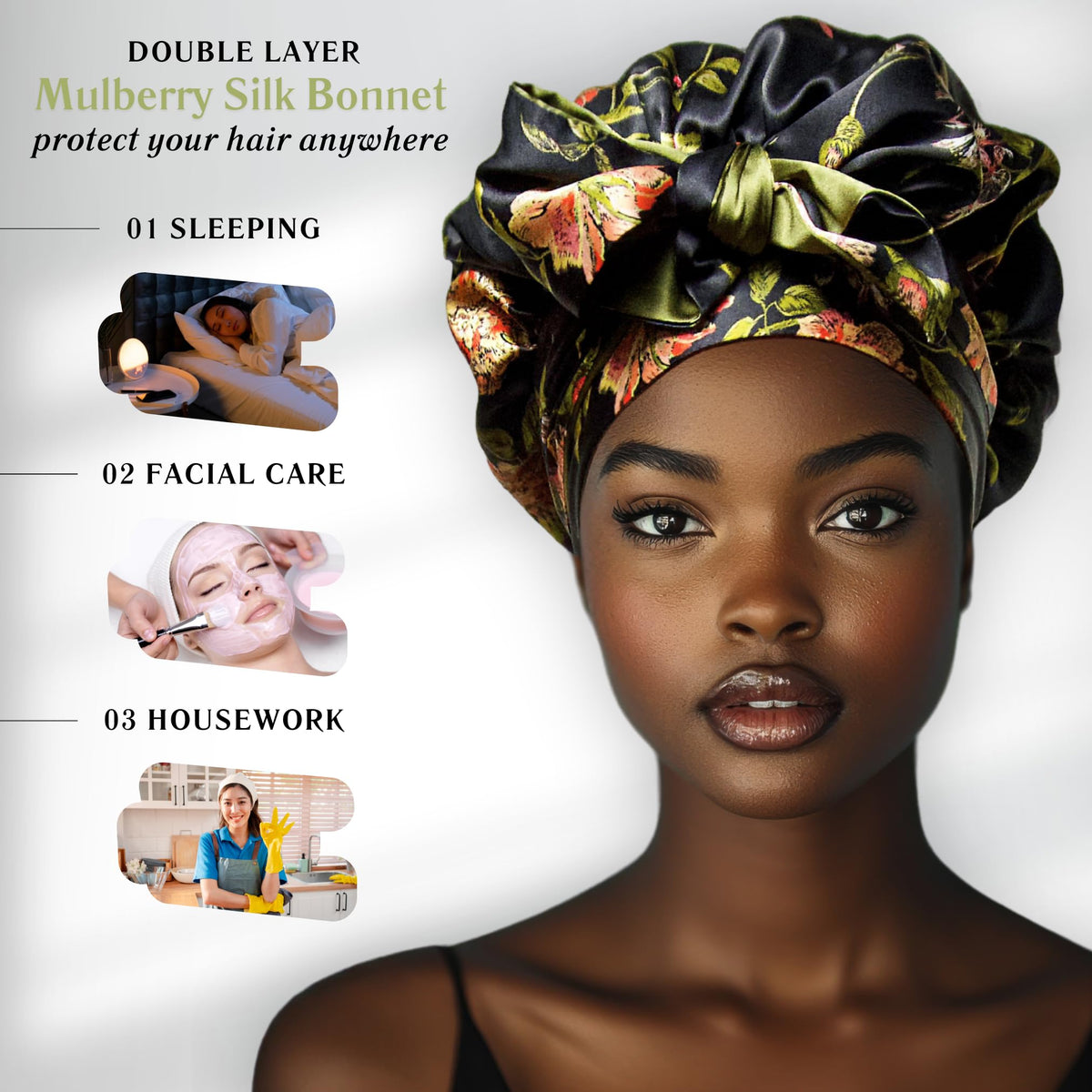 Lifestyle image of a woman wearing Nochka Fashion Silk Hair Bonnet