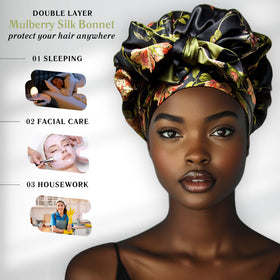 Lifestyle image of a woman wearing Nochka Fashion Silk Hair Bonnet