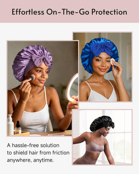 Lifestyle image of a woman wearing Yanideer satin bonnet