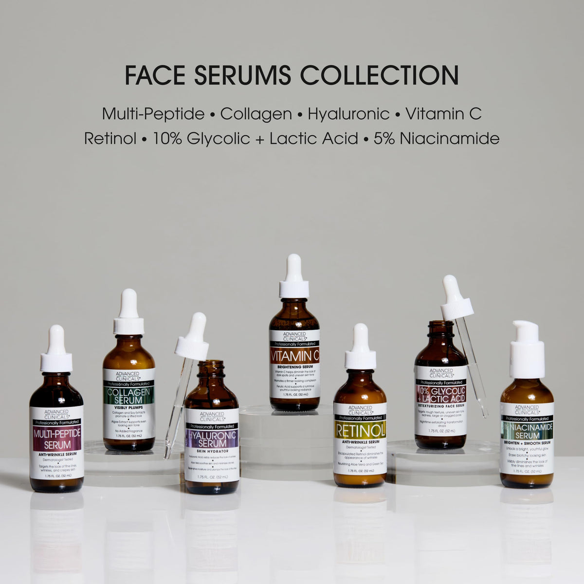 Lifestyle image of Advanced Clinicals serums on a bathroom counter