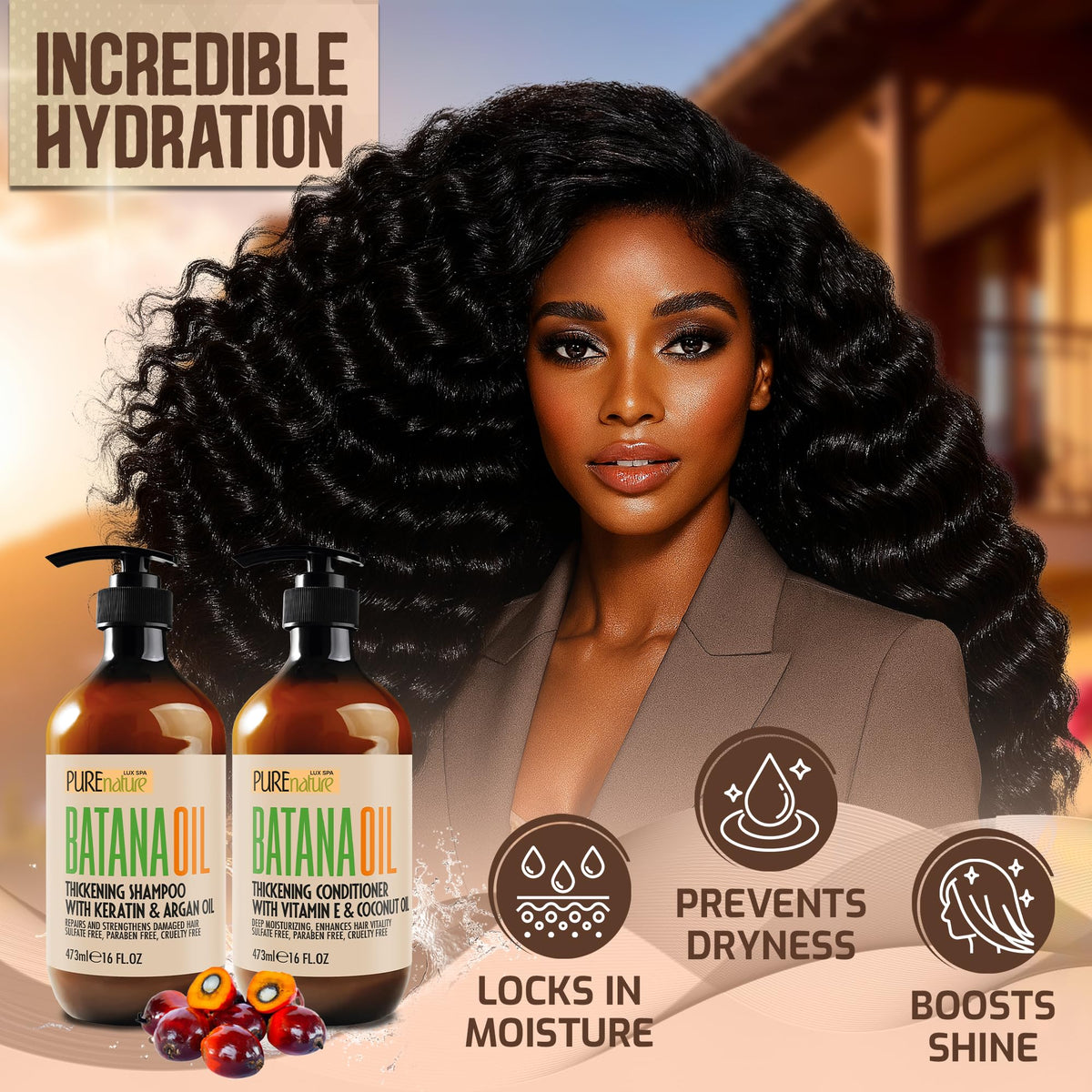 Lifestyle image of Batana Oil Shampoo and Conditioner in bathroom setting