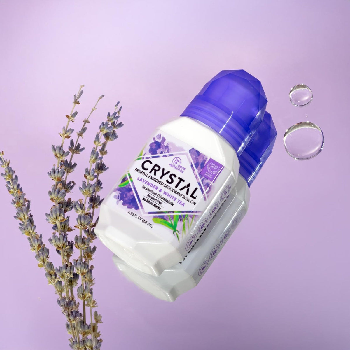 Lifestyle image of Crystal Essence Lavender & White Tea Deodorant in bathroom