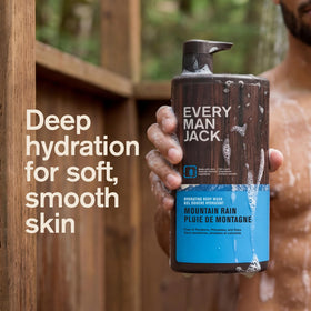 Lifestyle image of Every Man Jack Hydrating Body Wash in a bathroom setting