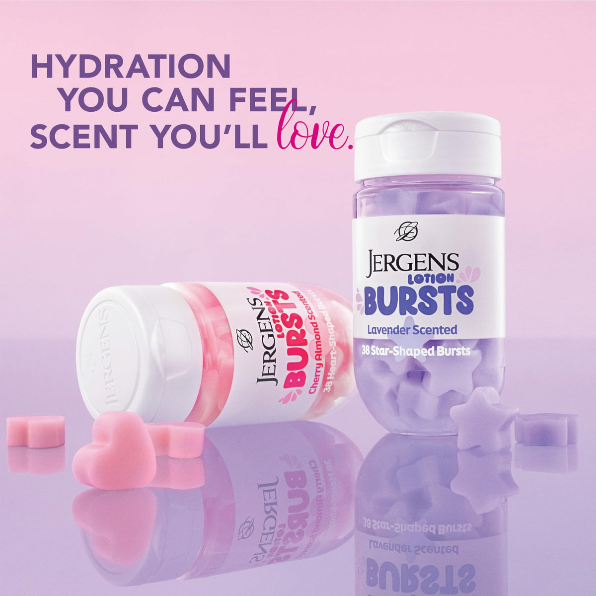 Lifestyle image of Jergens Cherry Almond Lotion Bursts on a desk