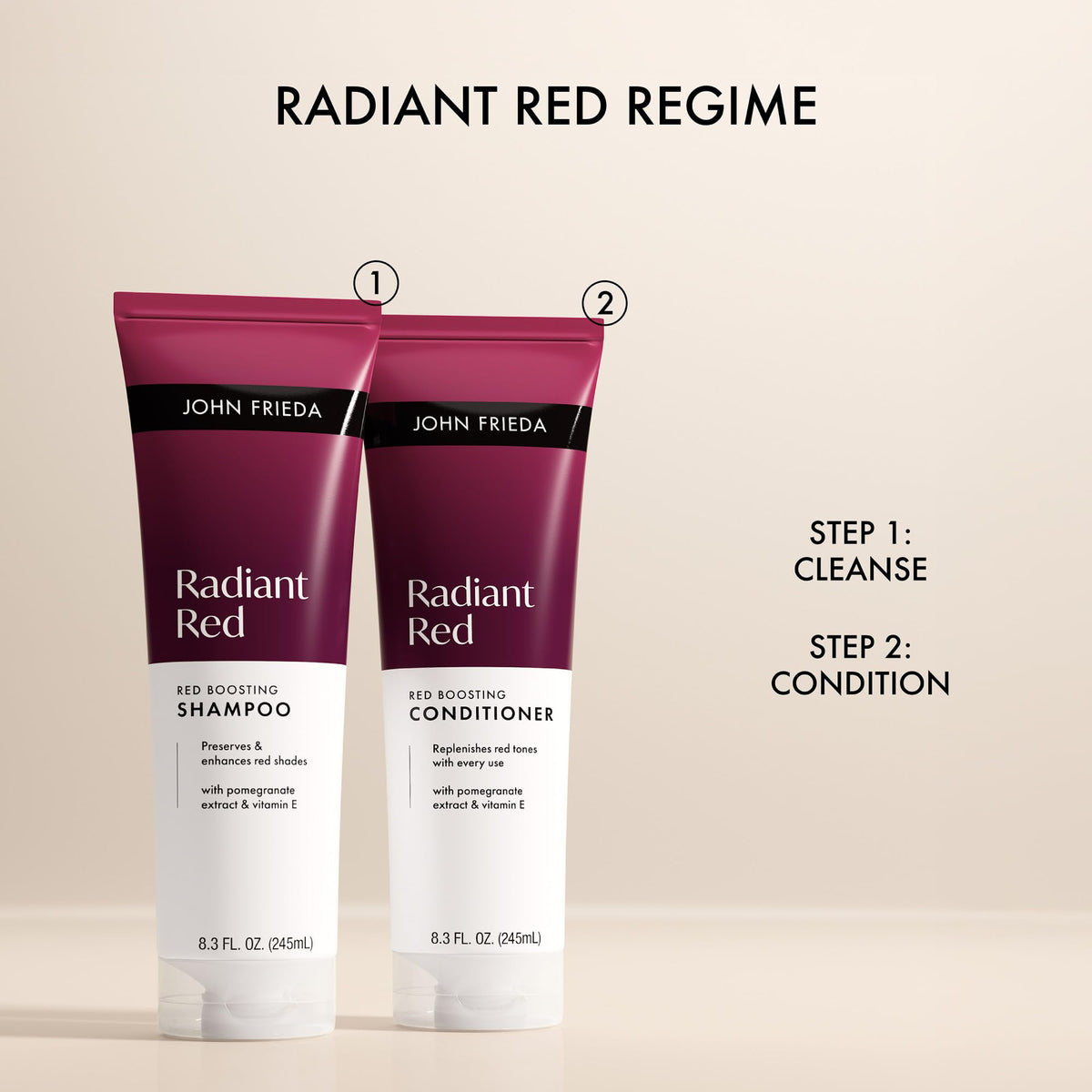 Lifestyle image of John Frieda Radiant Red Shampoo and Conditioner on a bathroom shelf