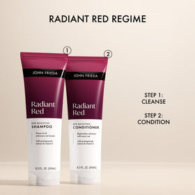 Lifestyle image of John Frieda Radiant Red Shampoo and Conditioner on a bathroom shelf