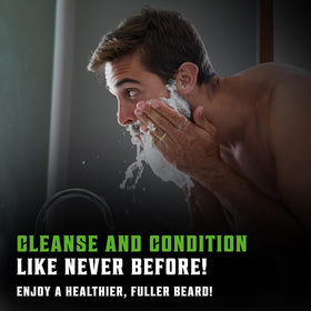 Lifestyle image of man using Viking Revolution beard care