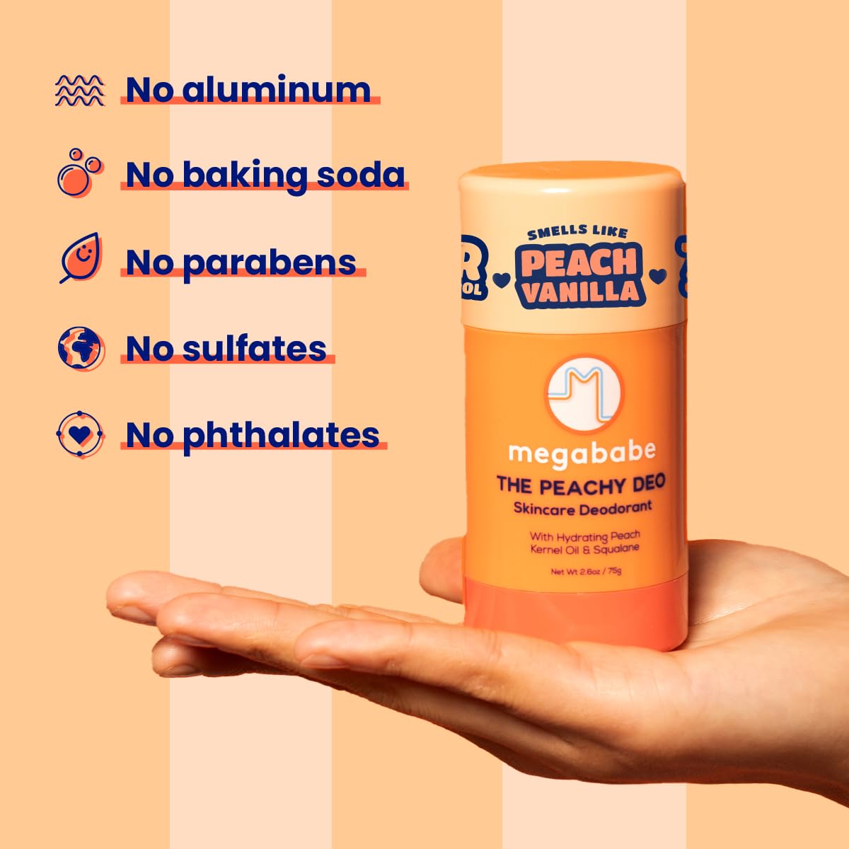 Lifestyle image of Megababe Peachy Deo on a bathroom counter