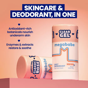 Lifestyle image of Megababe Rosy Pits Deo on a bathroom counter