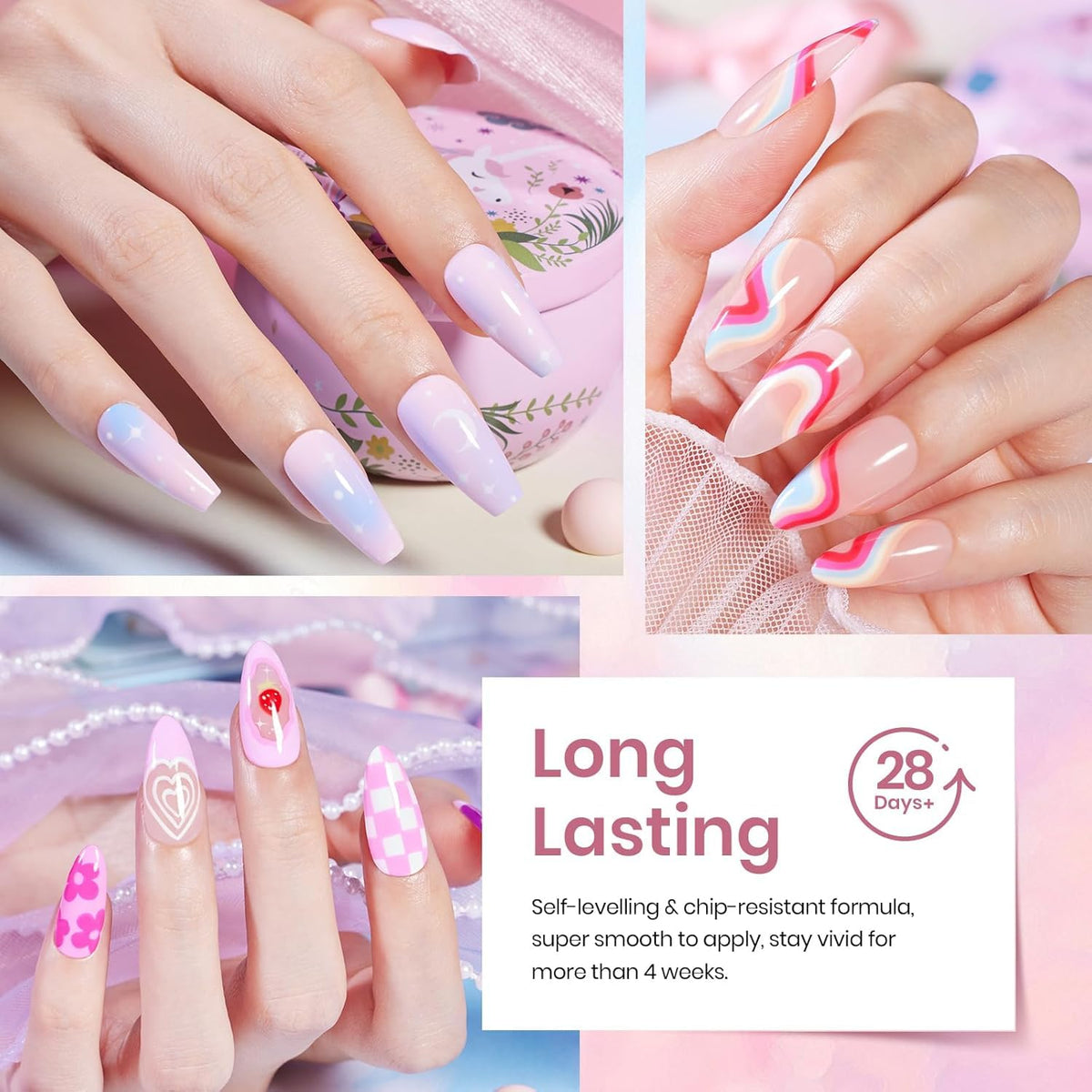 lifestyle image of nails painted with beetles pastel gel polish
