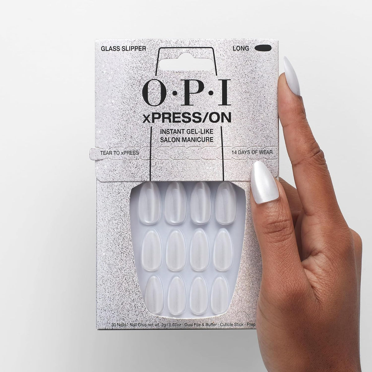 Lifestyle image of OPI xPRESS/ON Glass Slipper nails applied