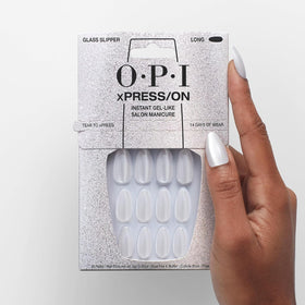 Lifestyle image of OPI xPRESS/ON Glass Slipper nails applied