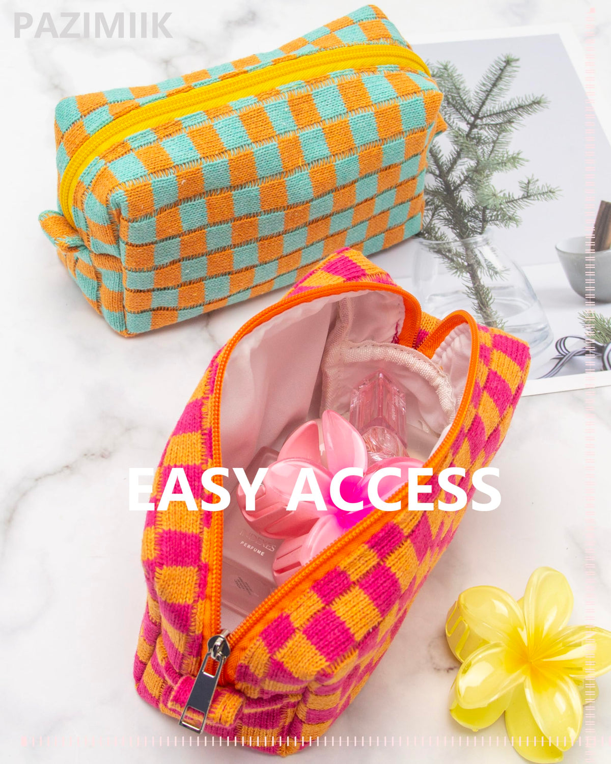 Lifestyle image of PAZIMIIK Checkered Makeup Bag in a purse