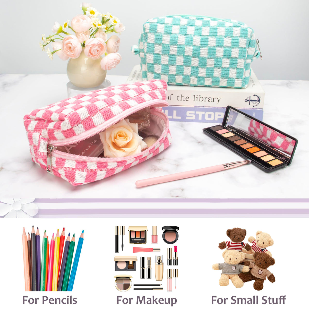 Lifestyle image of PAZIMIIK Checkered Makeup Bag in use