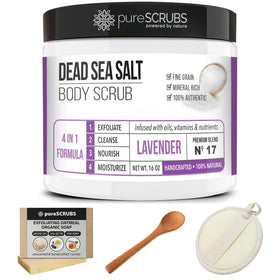 Lifestyle image of pureSCRUBS Lavender Body Scrub in a bathroom setting