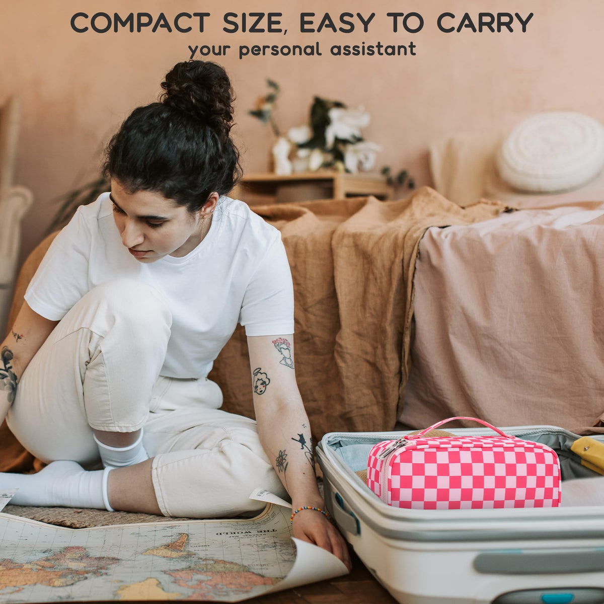Lifestyle image of Relavel Small Makeup Bag on a vanity