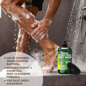 Lifestyle image of Terramed body wash in a shower setting