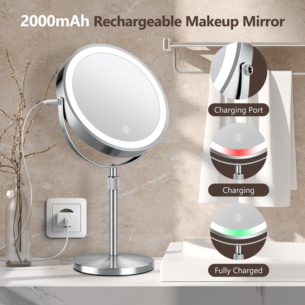 Lifestyle image of UBYMET makeup mirror in a vanity setup