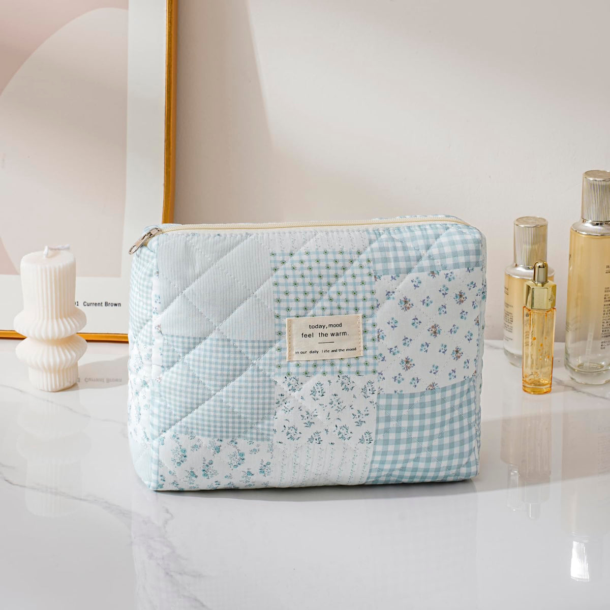 Lifestyle image of uekeboag Quilted Makeup Bags on a vanity