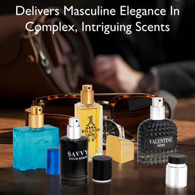 Lifestyle scene featuring NovoGlow Signature Scent fragrances on a vanity