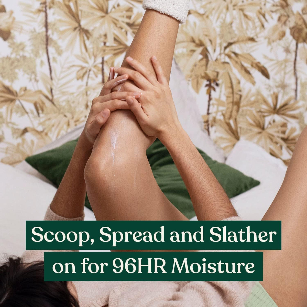 Lifestyle scene featuring The Body Shop Mango Body Butter on a bathroom shelf