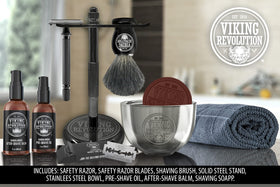 Lifestyle scene of a man using Viking Revolution Shaving Kit