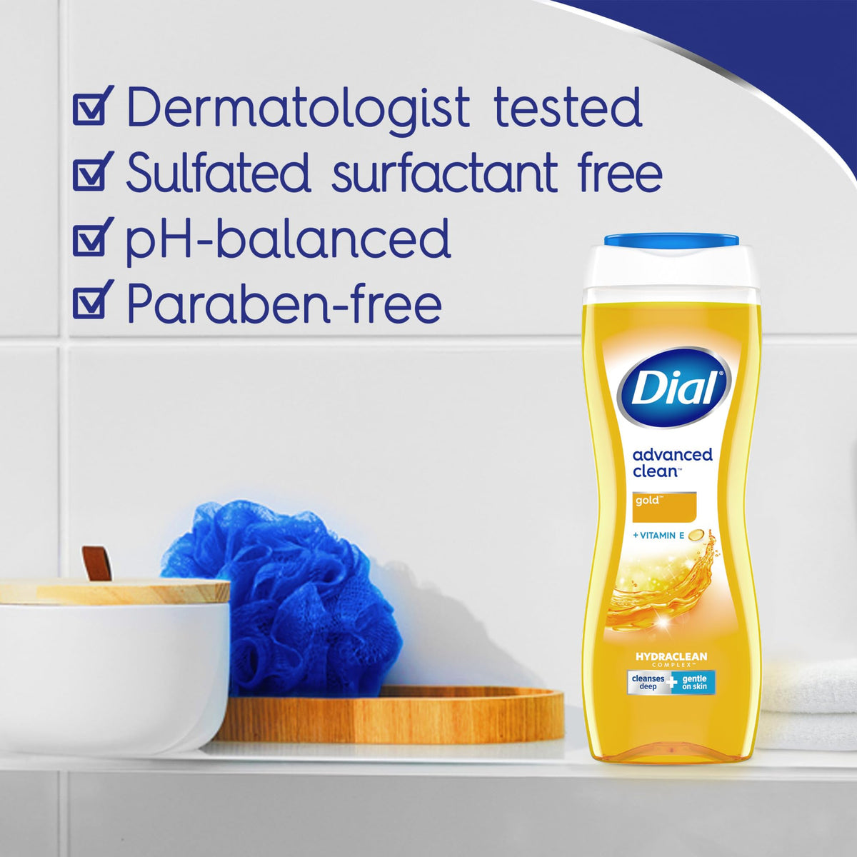 Lifestyle scene of Dial Body Wash Gold in a bathroom setting