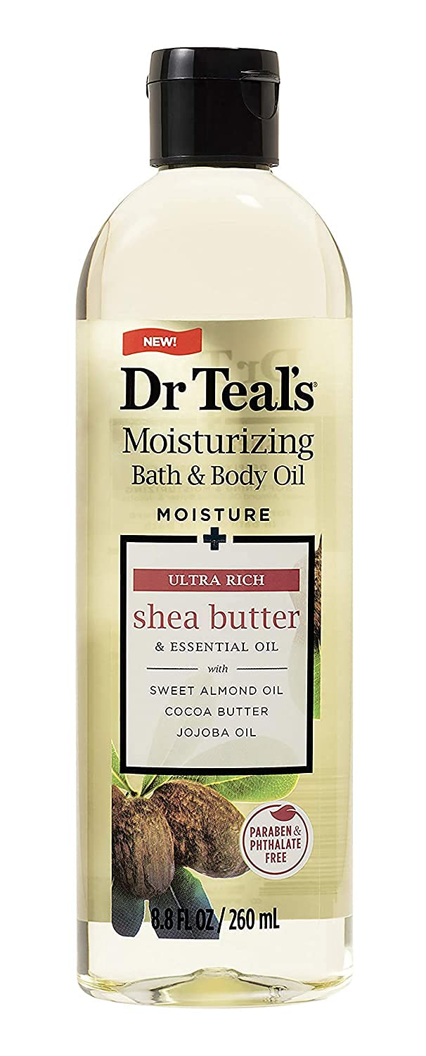 Lifestyle scene of Dr Teal's Bath & Body Oil set on a bathroom counter