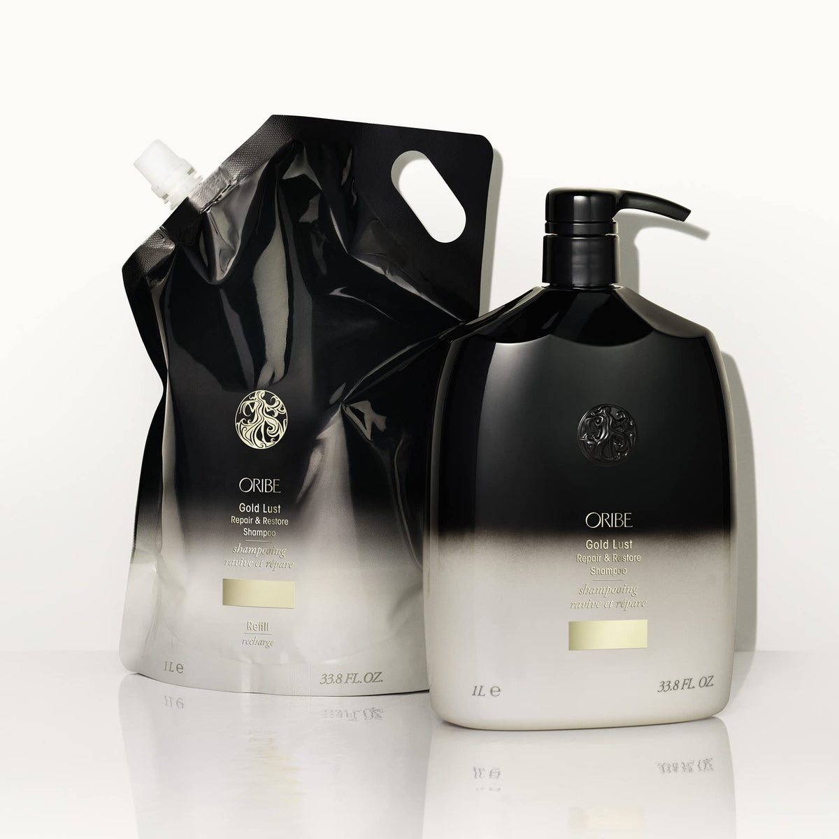Lifestyle scene of ORIBE Gold Lust Shampoo in bathroom setting