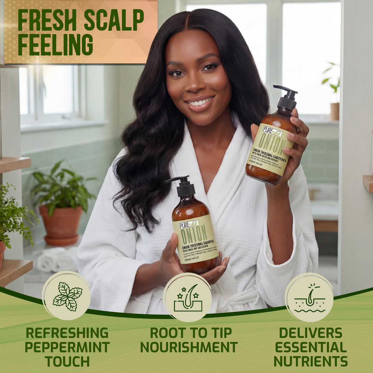 Lifestyle scene of PURE NATURE LUX SPA Onion Shampoo and Conditioner Set in bathroom