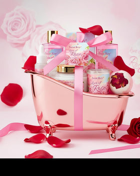 Lifestyle scene of Saint Roy Spa Gift Set in a bathroom