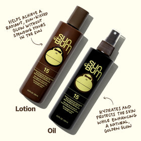 Lifestyle scene of Sun Bum SPF 15 Tanning Oil on a beach towel