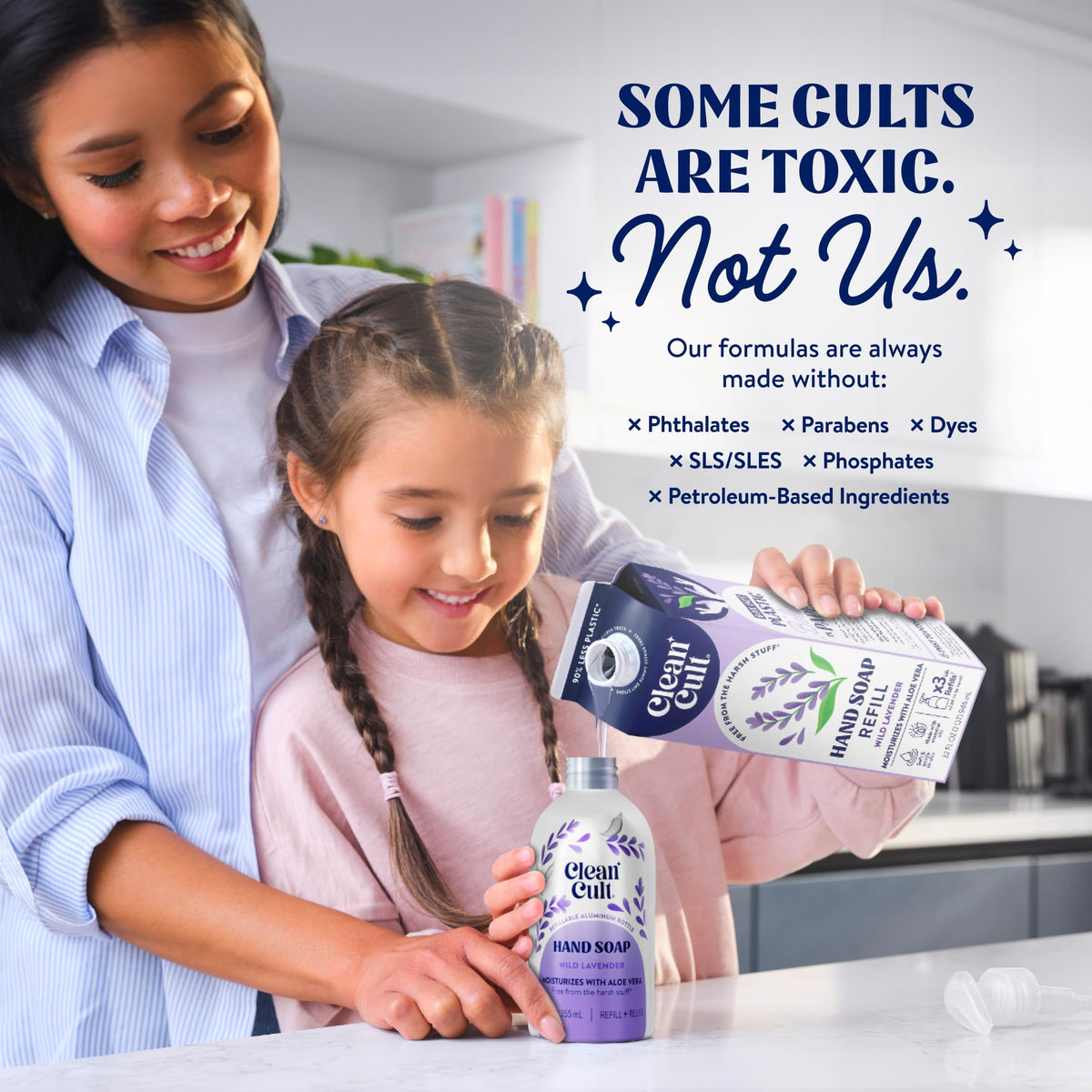 Lifestyle scene with Cleancult Wild Lavender Liquid Hand Soap in a bathroom