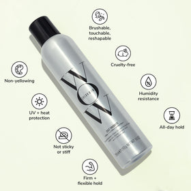Lifestyle scene with COLOR WOW Firm + Flexible Hairspray in use