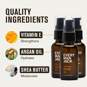 Lifestyle scene with Every Man Jack beard oil set on bathroom counter