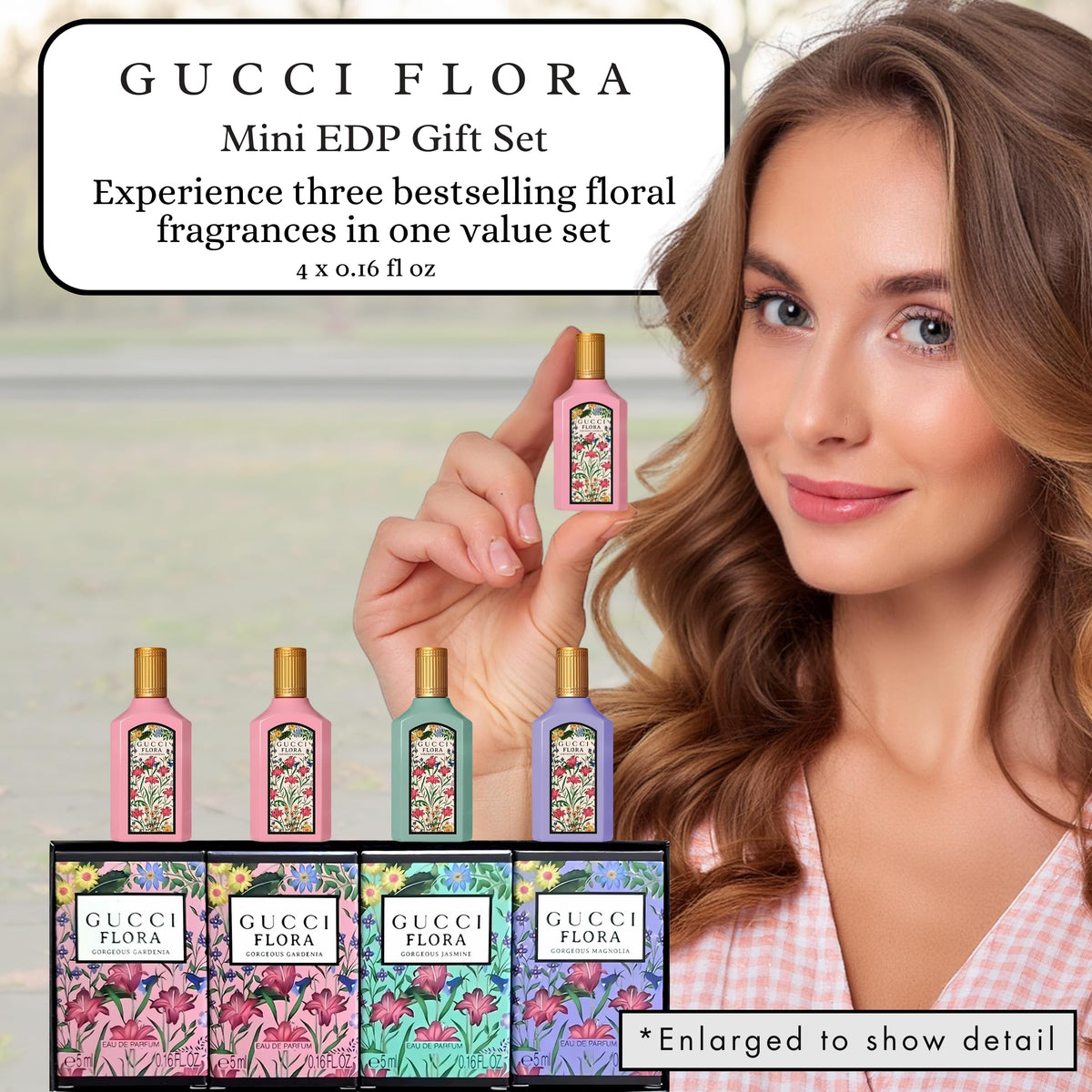 Lifestyle scene with Gucci Flora perfumes on a vanity