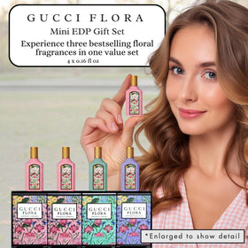 Lifestyle scene with Gucci Flora perfumes on a vanity