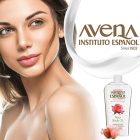Lifestyle scene with Instituto Español Rosa Body Oil on a bathroom counter