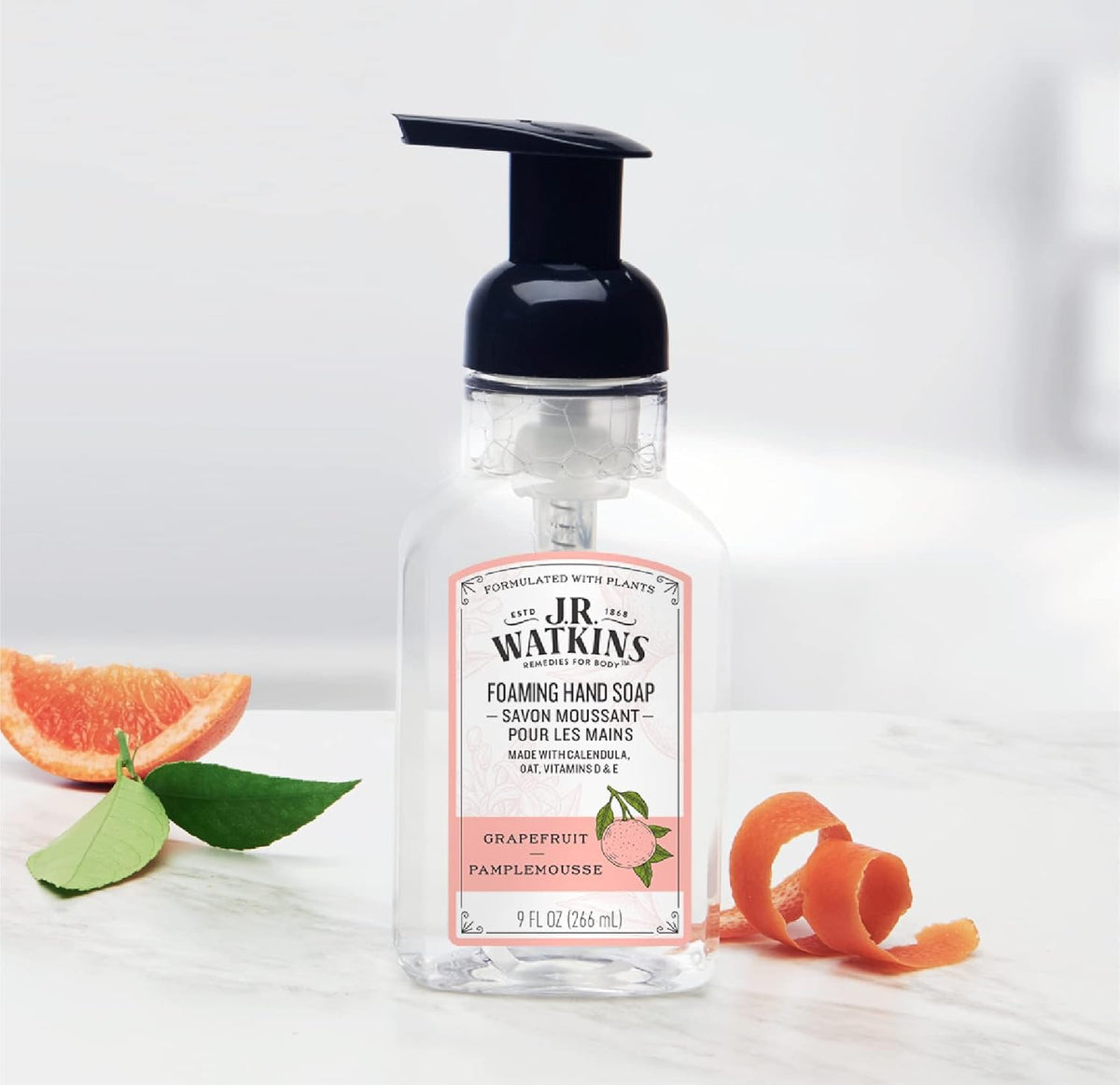 Lifestyle scene with J.R. Watkins Grapefruit Foaming Hand Soap in bathroom