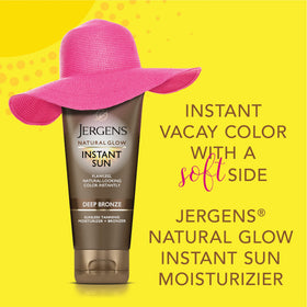 Lifestyle scene with Jergens tanning lotion on a beach towel