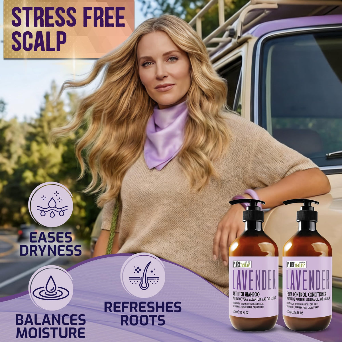 Lifestyle scene with Lavender Shampoo and Conditioner in a bathroom