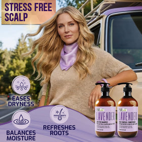 Lifestyle scene with Lavender Shampoo and Conditioner in a bathroom