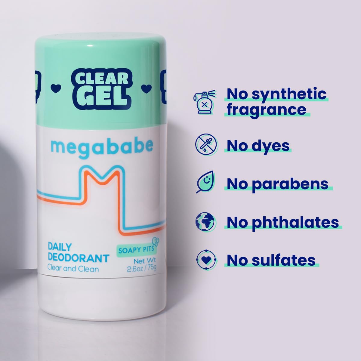 Lifestyle scene with Megababe Soapy Pits Daily Deodorant on a bathroom shelf