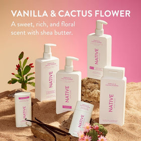 Lifestyle scene with Native Shampoo and Conditioner in a bathroom